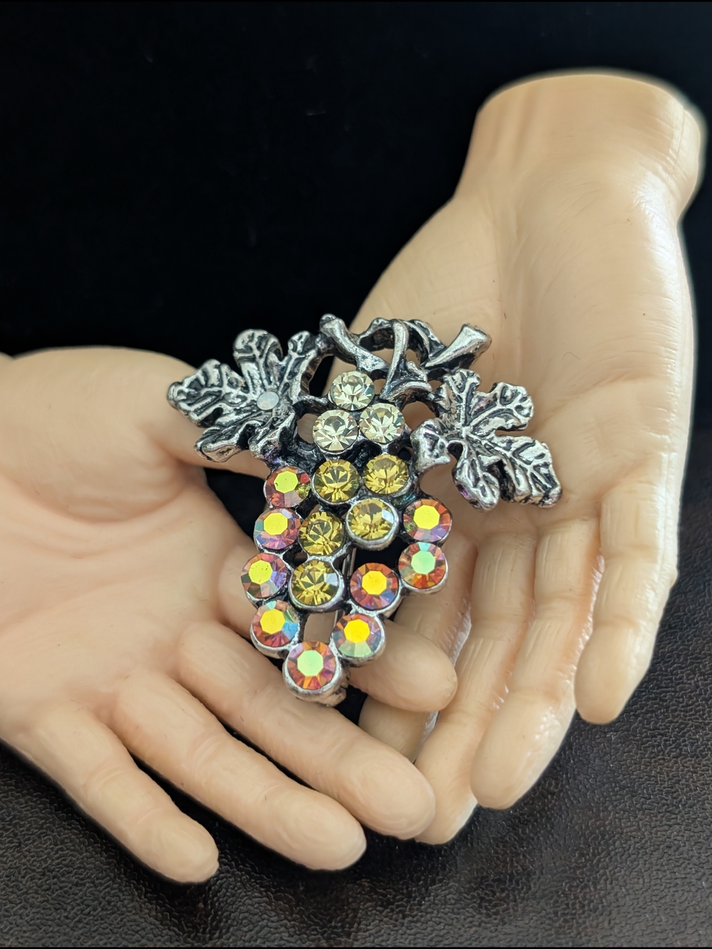 Rhinestone Grape Cluster Brooch in Yellow and Iridescent Stones